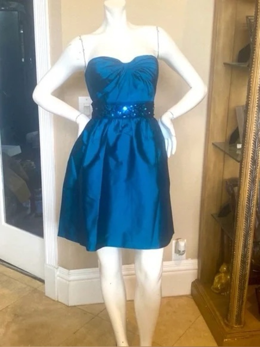 NWTAdrianna Papell Teal blue Sz8beaded waist prom cocktail formal strap-straples
